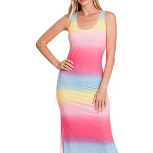 PRINT SCOOP NECK SLEEVELESS MIDI DRESS SIDE SLITS
